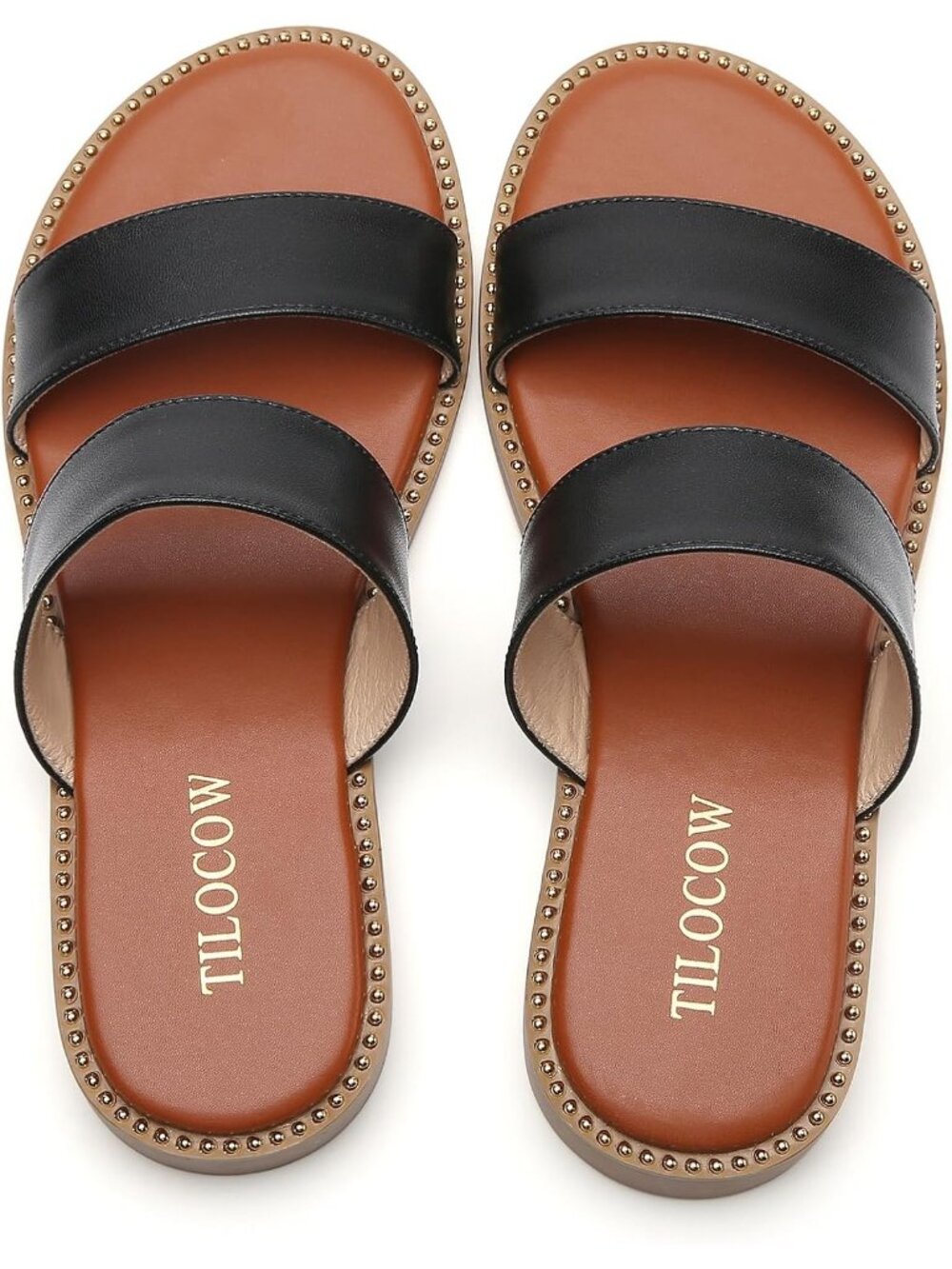 Women's Black Lightweight Stylish Double Straps Rivet Trim Slides Flat Sandals - Picture 6 of 6